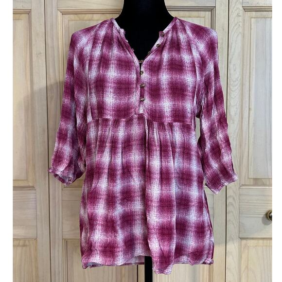 Anthropologie Maeve Cavalon Plaid 3/4 Sleeve Loose Fit Babydoll Top Sz XS - Picture 2 of 10